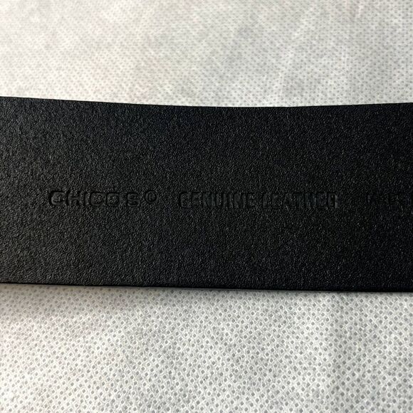 Chico's Wide Black Adjustable Belt Hammered Silver Circle Buckle & Hook S/M - Picture 8 of 10